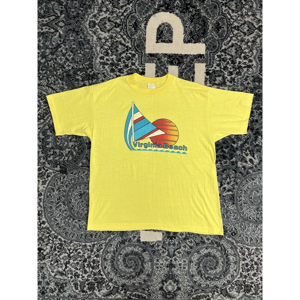 Vintage 80s  Hef-t Virginia Beach Tshirt Yellow Made In USA Single Stitch Size L